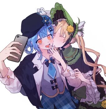 2girls artist_request black_capelet black_hat blonde_hair blue_hair blue_necktie blue_skirt blush bonnet braid braided_hair_rings capelet cellphone closed_eyes commentary_request commission cowboy_shot deerstalker dress flower frilled_dress frilled_sleeves frills green_dress green_eyes hair_rings hand_to_own_mouth hands_up hat highres holding holding_phone kiss kissing_cheek korean_commentary lolita_fashion long_hair long_sleeves looking_at_viewer mahou_shoujo_no_majo_saiban multiple_girls necktie open_mouth orange_eyes phone rose second-party_source short_hair skirt smartphone smile tachibana_sherry tono_hanna twintails vest white_background yellow_flower yellow_rose yuri