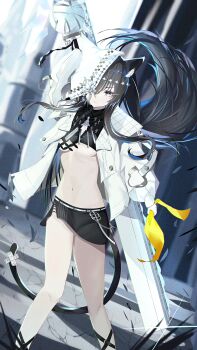 Rule 34 | absurdres, animal ears, black hair, black skirt, black tail, breasts, cat tail, character request, check character, commentary request, highres, holding, holding weapon, hood, huge weapon, jacket, miniskirt, natsuki (natsu 1936), navel, open clothes, open jacket, reverseblue x re-birthend, skirt, small breasts, tail, underboob, weapon, white jacket, wolf ears, xion (reverseblue), yellow eyes