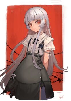 1girl absurdres arms_behind_back barbed_wire black_bow black_overalls black_ribbon blunt_bangs border bow bryanth chain closed_mouth collared_dress commentary_request cropped_legs cross dress eyelashes frilled_dress frilled_sleeves frills grey_hair highres long_hair looking_at_viewer neck_ribbon original overall_skirt overalls red_background red_eyes ribbon short_sleeves sidelocks signature solo standing tassel white_border white_dress white_ribbon