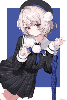 1girl absurdres black_hat black_jacket black_skirt blue_bow blue_bowtie blush bow bowtie closed_umbrella commentary expressionless eyelashes grey_hair guramuli hair_ornament hat head_tilt high-waist_skirt highres holding holding_umbrella jacket legs long_sleeves looking_at_viewer medium_hair miniskirt pinstripe_jacket pinstripe_pattern pinstripe_skirt pleated_skirt pom_pom_(clothes) pom_pom_brooch pom_pom_hair_ornament red_eyes sailor_collar shirt side_part sidelocks signature simple_background skirt solo two_side_up ui_(voisona) umbrella voisona white_sailor_collar wispy_bangs