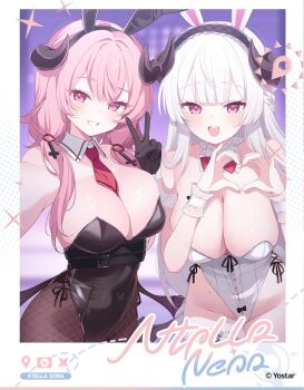 2girls animal_ears bare_shoulders bernina_(stella_sora) black_gloves black_leotard black_pantyhose bow bowtie breasts cleavage detached_collar deyui fake_animal_ears fishnets gloves hand_up hands_up highres large_breasts leotard long_hair looking_at_viewer multiple_girls necktie open_mouth pantyhose playboy_bunny rabbit_ears red_bow red_bowtie red_necktie smile stella_sora teeth traditional_bowtie upper_teeth_only v virigia_(stella_sora) white_leotard