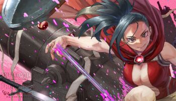 1girl artist_name black_eyes black_hair boku_no_hero_academia breasts cape center_opening commentary_request female_focus hair_pulled_back highres large_breasts leotard long_hair matching_hair/eyes matryoshka_doll pink_background ponytail red_cape red_leotard shield sleeveless smile solo superhero_costume sword weapon yaoyorozu_momo yomoyama_yotabanashi