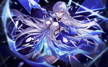 1girl azurelight_(genshin_impact) bare_shoulders black_choker black_shorts blurry_border breasts choker cleavage closed_mouth commentary cowboy_shot dress dual_wielding elbow_gloves genshin_impact gloves hair_between_eyes hair_ornament highres holding holding_sword holding_weapon large_breasts long_hair looking_at_viewer purple_gloves purple_hair purple_skirt purple_thighhighs red_eyes shorts skirk_(genshin_impact) skirt sky solo space star_(sky) starry_sky sword thighhighs thighs ulularts very_long_hair weapon white_dress