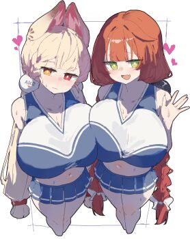 2girls :d absurdres alice_thymefield alternate_breast_size_(larger) alternate_costume animal_ears asymmetrical_docking bare_arms bare_shoulders blonde_hair blue_shirt blue_skirt blunt_bangs bow braid braided_bangs breast_press breasts bright_pupils cheerleader chinese_commentary cleavage closed_mouth collarbone commentary_request crop_top cropped_legs fang feet_out_of_frame foreshortening green_eyes hair_bow hair_ornament hand_up heart heterochromia highres huge_breasts inset_border long_hair looking_at_viewer low_twin_braids low_twintails matching_outfits midriff multiple_girls navel open_mouth orange_eyes outside_border pleated_skirt rabbit_ears rabbit_girl raised_eyebrows red_eyes red_hair romantic_meow shirt side-by-side simple_background single_horizontal_stripe skin_fang skirt sleeveless sleeveless_shirt smile sphere_hair_ornament standing stomach striped_clothes striped_skirt sweat twin_braids twintails two-tone_shirt ukinami_yuzuha very_long_hair white_background white_bow white_pupils white_shirt zenless_zone_zero