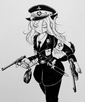 1girl animal_ears armband belt collared_shirt cross cross_moline cross_print dog_ears dog_girl dog_tail drum_magazine dual_wielding greyscale gun handgun hat high-capacity_magazine highres holding knife long_hair looking_at_viewer luger_p08 magazine_(weapon) mauser_c96 military military_dress_uniform military_hat military_uniform monochrome necktie original peaked_cap photo_(medium) shi_(yotsuhaka) shirt shoulder-stocked_handgun simple_background snail_drum solo tail traditional_media weapon