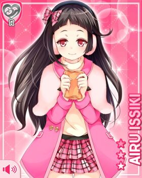 1girl blunt_bangs bow brown_hair card_(medium) character_name coat earmuffs girlfriend_(kari) hair_bow hand_warmer holding isshiki_airu looking_at_viewer miniskirt official_art pink_background pink_coat pink_skirt plaid_bow plaid_clothes plaid_skirt pleated_skirt qp:flapper red_eyes skirt smile solo standing thighs turtleneck