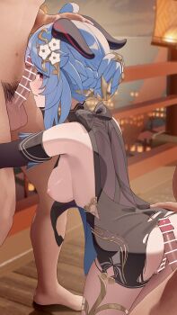 1girl 2boys absurdres ahoge architecture ass balcony bar_censor blue_dress blue_hair blurry blurry_background blush bodystocking braid breasts breasts_out censored cleft_of_venus clothed_female_nude_male clothed_sex commentary cowboy_shot detached_sleeves dress east_asian_architecture erection eyes_visible_through_hair flower french_braid from_side ganyu_(genshin_impact) ganyu_(twilight_blossom)_(genshin_impact) genshin_impact gloves goat_horns group_sex hair_bun hair_flower hair_ornament hand_on_another's_head hetero highres horns imminent_penetration jumonji kneeling lantern light_blue_hair looking_at_viewer looking_back male_pubic_hair medium_breasts medium_hair mmf_threesome multiple_boys nipples nude ocean official_alternate_costume paid_reward_available parted_lips penis penis_on_ass penis_on_face pubic_hair pussy red_eyes ship sidelocks solo_focus sweat tearing_up tears testicles threesome torn_clothes torn_dress torn_gloves watercraft