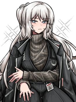 1girl absurdres alternate_hair_length alternate_hairstyle black_jacket blue_eyes closed_mouth commentary english_commentary faust_(project_moon) grey_sweater highres jacket jacket_on_shoulders limbus_company long_hair looking_at_viewer mitama_nyan project_moon solo sparkle sweater white_background white_hair