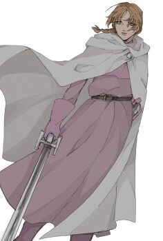1girl belt blonde_hair boots braid brown_belt capelet chi.:_chikyuu_no_undou_ni_tsuite cloak closed_mouth dress feet_out_of_frame gloves highres holding holding_sword holding_weapon hood hood_down jolenta long_dress long_hair parted_bangs pink_boots pink_capelet pink_dress pink_gloves single_braid sketch solo standing sword wasadi weapon white_background white_cloak