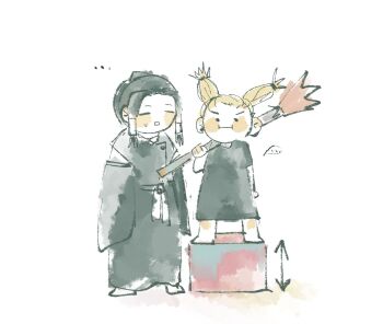 ... :| black_robe blush closed_mouth gangsan_99 hashtag-only_commentary height_difference jujutsu_kaisen robe sidelocks simple_background standing_on_box sweatdrop white_background wide_sleeves