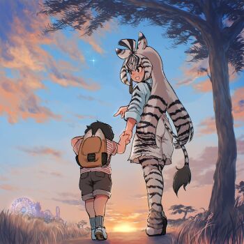 1boy 1girl animal_ears animal_print bag black_hair brown_eyes chapman's_zebra_(kemono_friends) extra_ears highres kemono_friends long_hair mcgunngu outdoors pantyhose shirt shoes short_hair shorts socks tail twilight zebra_ears zebra_girl zebra_print zebra_tail