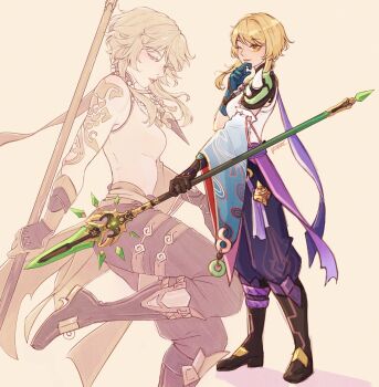 1girl alternate_weapon aqua_gloves arm_tattoo asymmetrical_gloves bead_necklace beads black_boots black_gloves blonde_hair boots breasts brown_background closed_mouth commentary cosplay detached_sleeves english_commentary full_body genshin_impact giupear gloves hand_on_own_chin hand_up highres holding holding_polearm holding_weapon jewelry light_smile looking_at_viewer lumine_(genshin_impact) medium_breasts mismatched_gloves multiple_views necklace one_eye_closed pants polearm primordial_jade_winged-spear_(genshin_impact) purple_pants shirt short_hair_with_long_locks shoulder_spikes signature simple_background single_detached_sleeve sleeveless sleeveless_shirt spear spikes standing standing_on_one_leg tattoo weapon white_shirt wide_sleeves xiao_(genshin_impact) xiao_(genshin_impact)_(cosplay) yellow_eyes