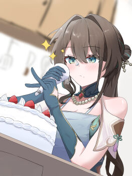 Rule 34 | 1girl, absurdres, apron, black hair, blurry, blurry background, blush, cake, commentary request, cream, cream on face, dress, dutch angle, elbow gloves, food, food on face, from below, gloves, green dress, green eyes, green gloves, green hair, hair bun, hair intakes, highres, holding, holding pastry bag, honkai: star rail, honkai (series), indoors, jewelry, knu34857, long hair, looking at object, looking down, multicolored hair, necklace, pastry bag, pearl necklace, ruan mei (honkai: star rail), solo, streaked hair, two-tone hair, upper body, white apron
