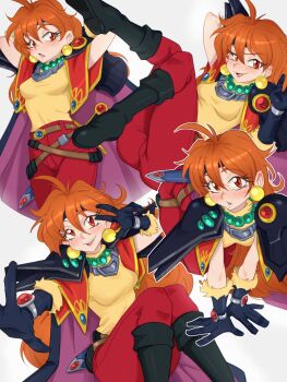 1girl absurdres ahoge all_fours armor arms_behind_head black_boots black_gloves black_headband blush boots breasts cape commentary earrings english_commentary fang gloves hair_between_eyes headband highres jewelry legs_up lina_inverse long_hair looking_at_viewer lying medium_breasts multiple_views necklace orange_hair outstretched_arm paid_reward_available pants pauldrons red_eyes red_pants sheath sheathed shirt shoulder_armor simple_background slayers smile soapy_draws sphere_earrings sword w weapon white_background yellow_shirt