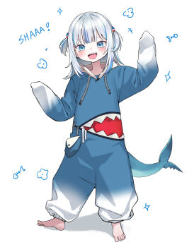1girl absurdres alternate_costume barefoot blue_eyes blush commentary elppi fins fish_tail full_body gawr_gura gawr_gura_(1st_costume) grey_hair highres hololive hololive_english long_hair multicolored_hair onesie open_mouth shark_girl shark_tail sharp_teeth simple_background smile solo standing streaked_hair tail teeth two_side_up virtual_youtuber white_background