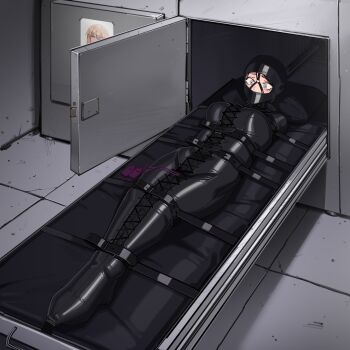 Rule 34 | 1girl, absurdres, bdsm, blue eyes, bondage, bound, breasts, commentary, commission, cross-laced clothes, english commentary, gag harness, gimp mask, harris hero, highres, immobilization, lying, mask, medium breasts, on back, original, photo (object), scared, second-party source, sex toy, sleepsack, solo, variant set, vibrator, wide-eyed