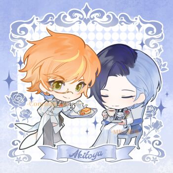 Rule 34 | 2boys, animal, animal on shoulder, aoyagi touya, arm behind back, ascot, bird, bird on shoulder, blonde hair, blue hair, chair, chibi, closed eyes, closed mouth, commentary, commission, cup, curtained hair, earrings, flower, food, funsai seyo! unvalentine no fukushuu (project sekai), green eyes, grey pants, highres, holding, holding cup, holding tray, jewelry, junpaku no anata e chikai no uta wo! (project sekai), long sleeves, male focus, mole, mole under eye, monocle, multicolored hair, multiple boys, official alternate costume, official alternate hairstyle, on chair, orange hair, pants, parted hair, plate, project sekai, rose, shinonome akito, ship name, short hair, sitting, smile, sparkle, split-color hair, split mouth, standing, streaked hair, tray, two-tone hair, watermark, white ascot, white pants, zhao yifei