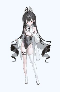 1girl absurdres animal_ears asymmetrical_legwear bare_shoulders black_eyes black_hair black_leotard colored_eyelashes colored_inner_hair covered_navel full_body fymrie gluteal_fold highres leotard long_hair looking_at_viewer multicolored_hair off_shoulder open_clothes open_shirt original shirt simple_background single_sock single_thighhigh socks solo standing thigh_strap thighhighs thighs very_long_hair white_background white_eyelashes white_shirt white_socks wing_collar