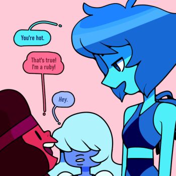 afro blue_hair blue_skin colored_skin crop_top discount-supervillain flirting gem_(steven_universe) hair_over_eyes homeworld_gem_uniform jitome lapis_lazuli_(steven_universe) open_mouth red_skin ruby_(species)_(steven_universe) ruby_(steven_universe) sapphire_(steven_universe) smile speech_bubble steven_universe upper_body yuri
