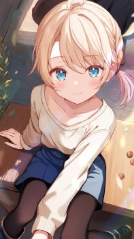 1girl arm_at_side arm_support black_pantyhose blonde_hair blue_skirt blush braid brown_sweater closed_mouth coin commentary_request desk feet_out_of_frame from_above highres indoors komone_ushio long_sleeves looking_at_viewer looking_up on_desk one_side_up original pantyhose parted_bangs pov short_hair sitting skirt smile solo sweater