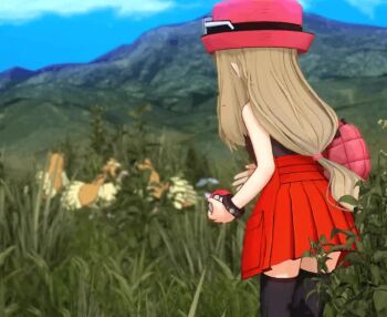 1girl 3d :o ? animated ass assisted_exposure bag black_shirt black_thighhighs blonde_hair blush butt_crack clothes_lift day eyewear_on_headwear gen_1_pokemon glasses grass green_eyes handbag hat heart heart_print high-waist_skirt holding holding_poke_ball huge_filesize koikatsu_(medium) leaning_forward long_hair looking_back mega_ring minazuki_manami nintendo outdoors panties pantyshot pidgey pink_hat plant pleated_skirt poke_ball poke_ball_(basic) pokemon pokemon_(creature) pokemon_xy porkpie_hat print_panties red_skirt serena_(pokemon) shirt skirt skirt_lift sleeveless sleeveless_shirt standing sunglasses tagme tall_grass thighhighs underwear video white-framed_eyewear wind wind_lift