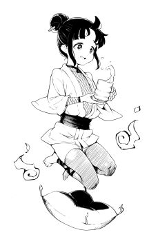 1girl ataruman commentary_request cup flat_chest full_body greyscale hair_bun highres holding holding_cup japanese_clothes kunoichi_tsubaki_no_mune_no_uchi mokuren_(kunoichi_tsubaki_no_mune_no_uchi) monochrome pillow short_hair sidelocks simple_background single_hair_bun solo tea thighhighs white_background