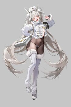 1girl :d absurdres animal_ears armband bag belt black_armband blanc_(fortune_express)_(nikke) blanc_(nikke) blunt_bangs blush boots breasts brown_pantyhose commentary crotch_seam fake_animal_ears fang fingernails full_body fur-trimmed_boots fur-trimmed_jacket fur-trimmed_sleeves fur_trim goddess_of_victory:_nikke grey_background grey_hair hair_intakes hair_ornament hand_on_own_hip hand_up handbag hat head_tilt hido_(cherryhido) high-waist_pantyhose highres jacket long_fingernails long_hair looking_at_viewer medium_breasts nail_polish no_bra no_pants official_alternate_costume official_alternate_hairstyle open_clothes open_jacket open_mouth panties panties_under_pantyhose pantyhose pom_pom_(clothes) pom_pom_hair_ornament rabbit_ears shoulder_bag simple_background skin_fang smile solo standing standing_on_one_leg star_(symbol) star_hair_ornament thigh_boots torn_clothes torn_pantyhose twintails underwear very_long_hair w white_belt white_boots white_hat white_jacket white_nails white_panties yellow_eyes