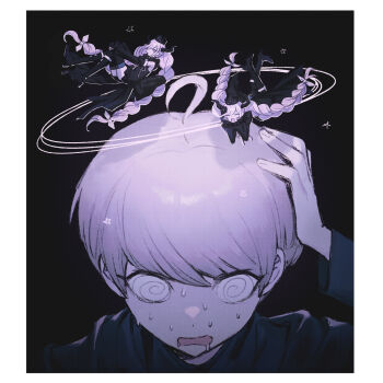 1boy 1girl @_@ ahoge black_background black_crown black_dress black_horns boots border braid commentary confused crown dress drooling eyelashes gloves hai_(haihki) hair_ornament halo hand_on_own_head high_heel_boots high_heels highres horns jacket long_hair long_sleeves looking_at_viewer master_detective_archives:_rain_code midair mini_person monochrome mouth_drool multicolored_hair muted_color open_mouth pink_eyes pink_hair portrait purple_eyes purple_hair ribbon shinigami_(rain_code) short_hair sweat swirl twin_braids white_border white_ribbon yuma_kokohead