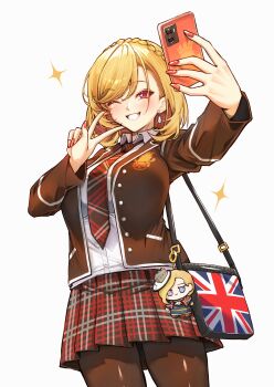 1girl absurdres alternate_costume azur_lane bag black_jacket black_necktie black_pantyhose blazer blonde_hair breasts cellphone character_charm charm_(object) collared_shirt commission cowboy_shot earrings fumo_(doll) grin highres holding holding_phone hood_(azur_lane) jacket jewelry kghazir large_breasts looking_at_viewer necktie pantyhose phone plaid_clothes plaid_skirt prince_of_wales_(azur_lane) red_eyes red_nails red_skirt royal_navy_emblem_(azur_lane) school_bag school_uniform selfie shirt shoes short_hair simple_background skirt smartphone smile solo star_(symbol) union_jack_print v vgen_commission white_background white_shirt