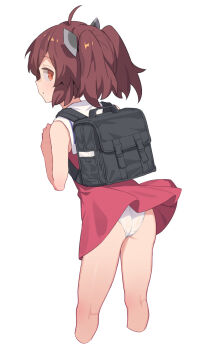 1girl ahoge ass backpack bag bare_legs black_bag brown_hair clothes_lift dress dress_lift from_behind hands_up headgear highres kneepits loli looking_at_viewer looking_back medium_hair orange_eyes panties pantyshot red_dress sailor_collar school_bag simple_background solo thighs touhoku_kiritan twintails underwear voiceroid white_background white_panties wind wind_lift yamamomo_(plank)