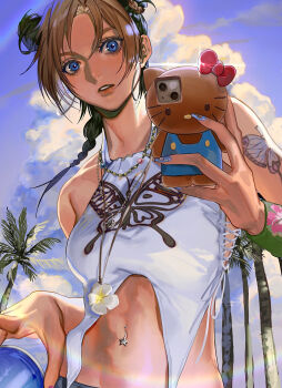 Rule 34 | 1girl, aegyo sal, alternate costume, animal print, arm tattoo, blue eyes, blue nails, blue sky, bow, braid, braided ponytail, breasts, bun with braided base, butterfly print, butterfly tattoo, can, cellphone, cloud, cloudy sky, commentary, cyber sigilism, drink, earrings, eyelashes, fashion, fingernails, flower, green hair, gyaru, hair bun, hello kitty, hello kitty (character), highres, holding, holding drink, holding phone, hoop earrings, jewelry, jojo no kimyou na bouken, kuujou jolyne, long fingernails, looking at viewer, masakenme, medium breasts, multicolored hair, multiple necklaces, navel, navel piercing, necklace, outdoors, palm tree, parted lips, phone, piercing, plumeria, rainbow, red bow, sanrio, sky, sleeveless, smartphone, solo, star piercing, stomach, stone ocean, tan hello kitty, tattoo, tree, two-tone hair, upper body, white flower, y2k fashion