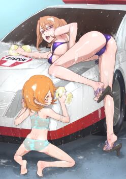 2girls age_difference armpits ass back bare_arms bare_legs bare_shoulders barefoot bent_over bikini blush breast_rest breasts butt_crack car car_wash closed_mouth dimples_of_venus feet female_focus flat_chest from_behind full_body groin hair_between_eyes ishino_mikoto large_breasts legs loli looking_back motor_vehicle multiple_girls munekata_arisa muramura_hito open_mouth orange_hair outdoors partially_visible_vulva ponytail purple_bikini red_eyes sandals short_hair soap_bubbles soles sponge squatting swimsuit thighs thong toes tomica_hyper_rescue_drive_head:_kidou_kyuukyuu_keisatsu washing wet wet_clothes