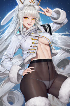 1girl blanc_(fortune_express)_(nikke) blanc_(nikke) blue_background breasts commentary covered_navel cropped_jacket goddess_of_victory:_nikke hat highres jacket long_hair long_sleeves looking_at_viewer medium_breasts neoartcore open_mouth panties panties_under_pantyhose pantyhose smile teeth thighhighs underboob underwear upper_teeth_only v white_hair white_hat white_jacket white_panties yellow_eyes