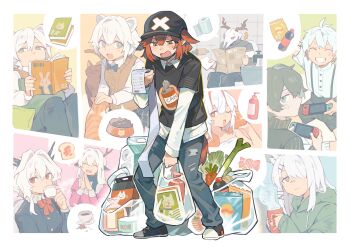 4boys 6+girls absurdres ahoge alina_(arknights) angry animal_ears antenna_hair antlers arknights bag bag_of_chips baseball_cap bathroom bear_ears black_hair black_hat black_pants black_shirt black_shorts black_sweater blue_background blue_eyes book border bottle bow bowtie bread bread_slice bright_pupils brown_vest buttons candy carrot chinese_commentary closed_eyes collared_shirt commentary_request cowboy_shot crownslayer_(arknights) cup denim dopperu_ben double-breasted extra_ears faust_(arknights) feet_out_of_frame food full_body green_background green_hoodie green_vest grey_eyes grin hair_intakes hair_over_one_eye handheld_game_console hat highres holding holding_book holding_cup holding_handheld_game_console holding_newspaper hood hoodie horns hyena_ears jeans lace-trimmed_collar lace_trim long_sleeves looking_at_another looking_at_viewer looking_down mephisto_(arknights) misha_(arknights) mug multiple_boys multiple_girls newspaper nintendo_switch open_mouth orange_background outline own_hands_together pants patriot_(arknights) pet_food pillow pink_background pink_shirt pointy_ears rabbit_ears reading red_background red_bow red_bowtie red_eyes red_hair scales shampoo shirt shoes shopping_bag short_hair shorts simple_background sink skullshatterer_(arknights) smile sneakers soda_bottle speech_bubble spring_onion steam suspender_shorts suspenders sweater talulah_(arknights) teacup tile_wall tiles toast toilet_paper torn_clothes torn_jeans torn_pants towel undershirt upper_body vest w_(arknights) wendigo white_background white_hair white_pupils white_shirt wrapped_candy yellow_background