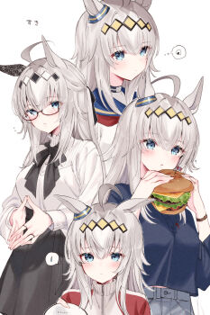 1girl absurdres ahoge alt_text alternate_costume animal_ears black_ribbon blue_eyes blue_shirt blush breasts burger casual closed_mouth commentary_request food glasses grey_hair hair_between_eyes hair_ornament hairband highres holding holding_burger holding_food horse_ears horse_girl jacket long_hair long_sleeves looking_at_viewer multicolored_hair multiple_views oguri_cap_(umamusume) pleated_skirt ribbon shirt simple_background skirt speech_bubble tail tetora_(oudonoishiize) thought_bubble tracen_training_uniform translated umamusume white_background white_hair white_shirt yellow_hairband