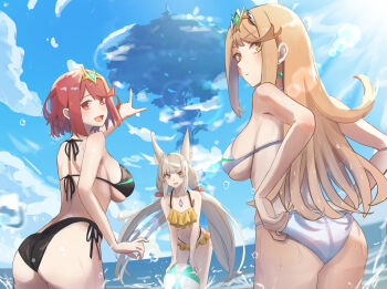 3girls absurdres adjusting_clothes adjusting_swimsuit amausa_subee animal_ear_fluff ass ball beachball bikini blue_sky blush bob_cut breasts cloud commentary english_commentary grey_hair highres in-universe_location large_breasts long_hair looking_at_viewer looking_back multiple_girls mythra_(xenoblade) nia_(xenoblade) pointing pyra_(xenoblade) red_eyes red_hair sky smile swimsuit tiara tree very_long_hair wading wet xenoblade_chronicles_(series) xenoblade_chronicles_2