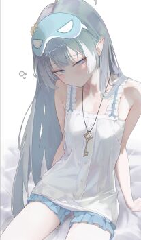 1girl :/ absurdres ahoge arm_support armpit_crease bare_arms blue_eyes blue_shorts blush breasts camisole commentary extra_pupils female_tyrant_(pajamas)_(stella_sora) female_tyrant_(stella_sora) gjz1227 grey_hair head_tilt highres jewelry key key_necklace looking_at_viewer narrowed_eyes necklace official_alternate_costume on_bed pajama_shorts pajamas pointy_ears shorts sitting sleepy small_breasts solo squeans stella_sora symbol-only_commentary tyrant_(stella_sora) white_camisole