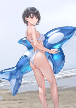 1girl absurdres beach bikini black_eyes black_hair blue_reflection_(series) blue_reflection_maboroshi_ni_mau_shoujo_no_ken breasts feet_out_of_frame highres holding holding_toy inflatable_dolphin inflatable_toy kishida_mel kneepits looking_at_viewer looking_to_the_side median_furrow medium_breasts ocean outdoors parted_lips shirai_hinako short_hair solo swimsuit toy white_bikini