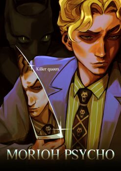 1boy american_psycho black_necktie blonde_hair diamond_wa_kudakenai different_reflection formal_clothes highres holding holding_knife jojo_no_kimyou_na_bouken kawajiri_kosaku killer_queen kira_yoshikage knife male_focus movie_poster necktie reflection reflective_weapon skull_print solo stand_(jojo) suit yissopiart