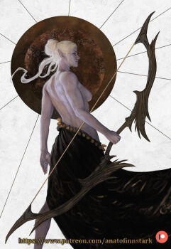 Rule 34 | 1girl, anato finnstark, baldur's gate, baldur's gate 3, black skirt, bow (weapon), breasts, colored skin, dungeons & dragons, dungeons &amp; dragons, hair bun, halo, highres, holding, holding bow (weapon), holding weapon, medium breasts, minthara, pointy ears, purple skin, realistic, single hair bun, skirt, solo, topless female, weapon, white hair