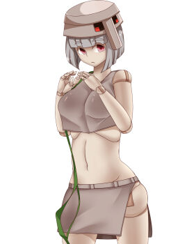 1girl at2. blunt_bangs bowl_cut breasts crop_top doll_joints grey_hair highres iron_golem_(minecraft) joints large_breasts looking_at_viewer minecraft mob_talker navel personification red_eyes short_hair solo