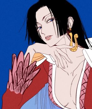 1girl black_hair blue_eyes boa_hancock breasts cape cleavage commentary earrings epaulettes eyelashes headdress hiems_xii jewelry korean_commentary long_hair long_sleeves looking_at_viewer one_piece parted_lips red_shirt shirt sidelocks snake_earrings solo upper_body white_cape