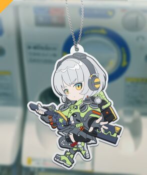 Rule 34 | anby demara, bike shorts, bike shorts under skirt, black gloves, black shorts, black skirt, black thighhighs, blurry, blurry background, character charm, charm (object), chibi, chibi only, closed mouth, commentary, detached sleeves, fingerless gloves, full body, gashapon, gloves, green eyes, green shoes, green sleeves, green vest, grey hair, headphones, highres, holding, holding sword, holding weapon, looking at viewer, multicolored eyes, nekoita, no humans, object focus, photorealistic, pleated skirt, realistic, sheath, sheathed, shoes, short hair, shorts, skirt, sneakers, sword, thighhighs, two-tone eyes, v-shaped eyebrows, vest, weapon, yellow eyes, zenless zone zero