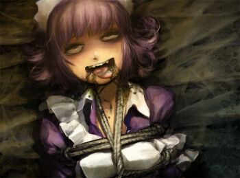 1girl ahegao bad_id bad_pixiv_id bdsm bondage bound crazy crazy_eyes female_focus futaba_channel maid nijiura_maids rope solo tongue vomit yakui
