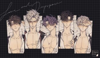 5boys artist_name bed_sheet black_hair black_jacket blue_eyes brown_hair caleb_(love_and_deepspace) collared_shirt copyright_name furrowed_brow grey_hair grid_background hair_between_eyes hair_over_one_eye hand_over_eye highres jacket jewelry light_blush light_smile love_and_deepspace male_focus multiple_boys necklace open_clothes open_shirt otakupup parted_bangs parted_lips pectorals purple_eyes purple_hair rafayel_(love_and_deepspace) red_eyes ring ring_necklace shirt short_hair sweatdrop sylus_(love_and_deepspace) upper_body white_shirt xavier_(love_and_deepspace) zayne_(love_and_deepspace)