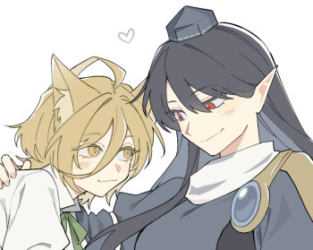 Rule 34 | 2girls, animal ears, black hair, blonde hair, blue dress, blush, closed mouth, commentary request, dress, fox ears, fox girl, hair between eyes, hand on another's back, hat, heart, iizunamaru megumu, kudamaki tsukasa, long hair, long sleeves, looking at another, medium hair, multiple girls, open mouth, pointy ears, red eyes, sakic43899, shirt, short sleeves, smile, tail, tokin hat, touhou, white background, white shirt, yellow eyes, yuri