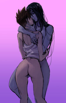 2girls ass black_nails blue_hair blue_skin bottomless breasts brown_hair colored_skin female_focus freckles from_behind hug kitsunebi-x legs long_hair looking_at_another multiple_girls nipples nude overwatch overwatch_1 short_hair spiked_hair tank_top tracer_(overwatch) white_tank_top widowmaker_(overwatch) yuri