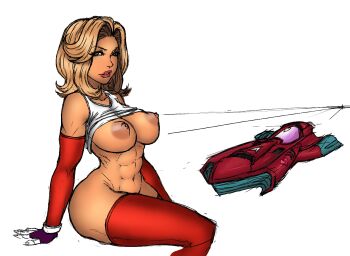 1girl 1kmspaint abs blonde_hair breasts clothes_lift colorized dark_nipples detached_sleeves f-zero f-zero_gx female_focus fingerless_gloves gloves large_breasts lineart lips lipstick lm_(legoman) makeup mrs._arrow nintendo nipples no_panties puffy_nipples queen_meteor red_gloves red_thighhighs shirt_lift short_hair sitting solo spacecraft tank_top thighhighs thighs wavy_hair wide_hips