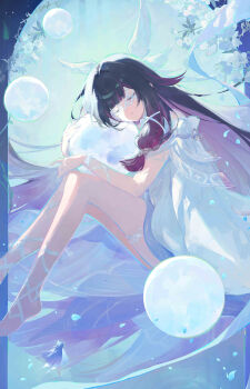 1girl absurdres barefoot black_hair closed_eyes columbina_(genshin_impact) commentary_request dress feathered_wings full_moon genshin_impact hair_ribbon head_wings highres legs long_sidelocks moon multicolored_hair multiple_wings pink_hair pmmg ribbon sidelocks thighs white_mask white_ribbon white_wings wings wrist_ribbon