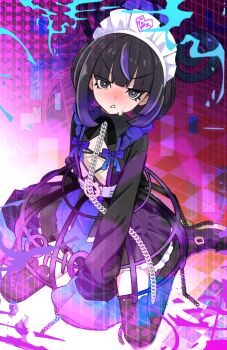 1girl black_dress black_eyes black_hair black_shoes blunt_bangs bob_cut commentary_request defeat dress eyelashes gradient_hair gwynn_(pokemon) highres kitsunebi44410 long_sleeves looking_at_viewer maid maid_headdress multicolored_hair nintendo pokemon pokemon_legends:_z-a purple_hair shoes short_hair sitting sleeves_past_fingers sleeves_past_wrists solo sweatdrop thighhighs wariza